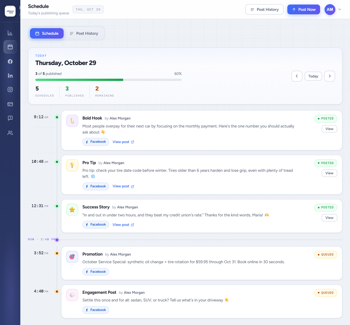 MyPost Social schedule of posts published to Facebook